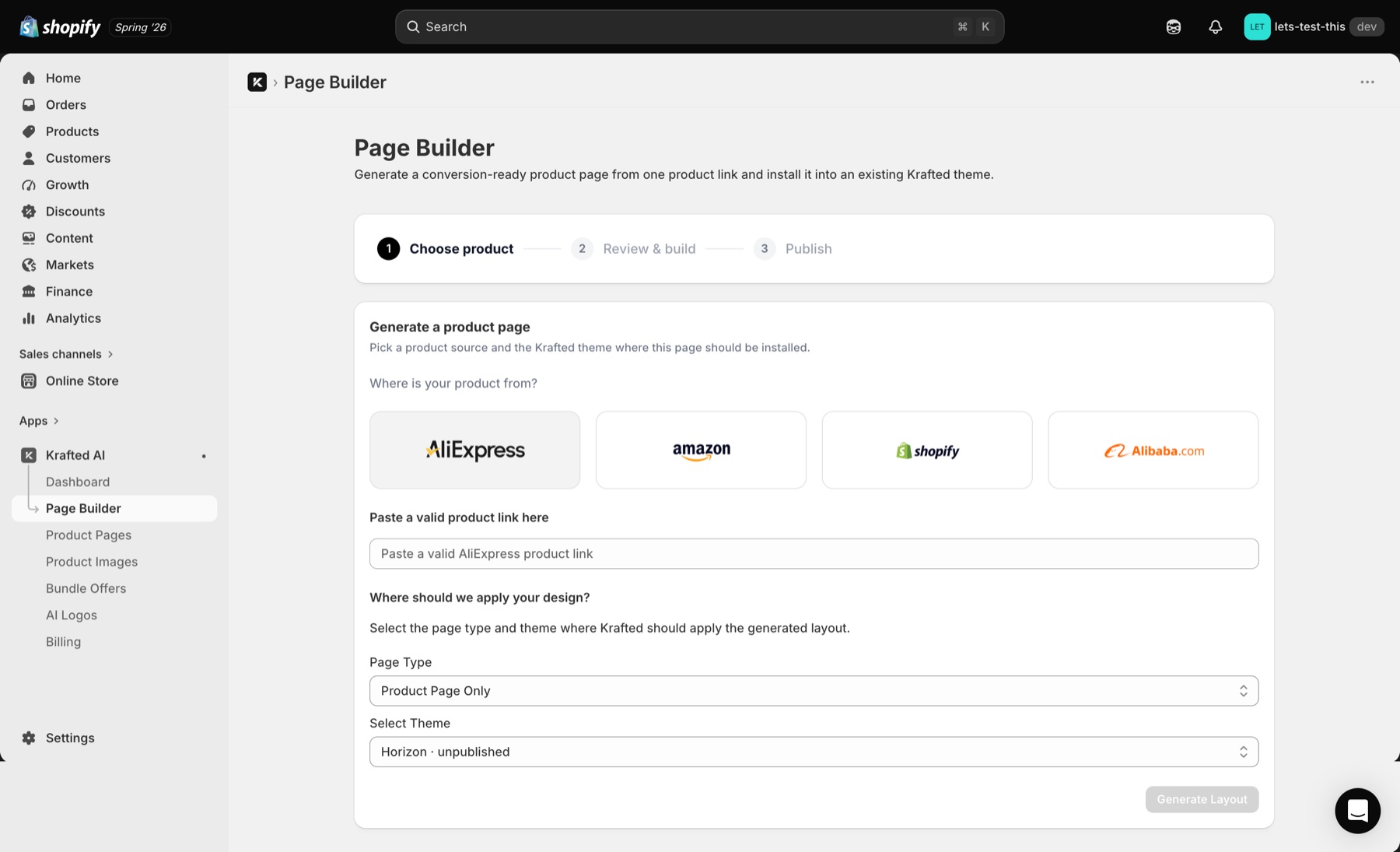 Krafted AI product page builder inside Shopify admin.