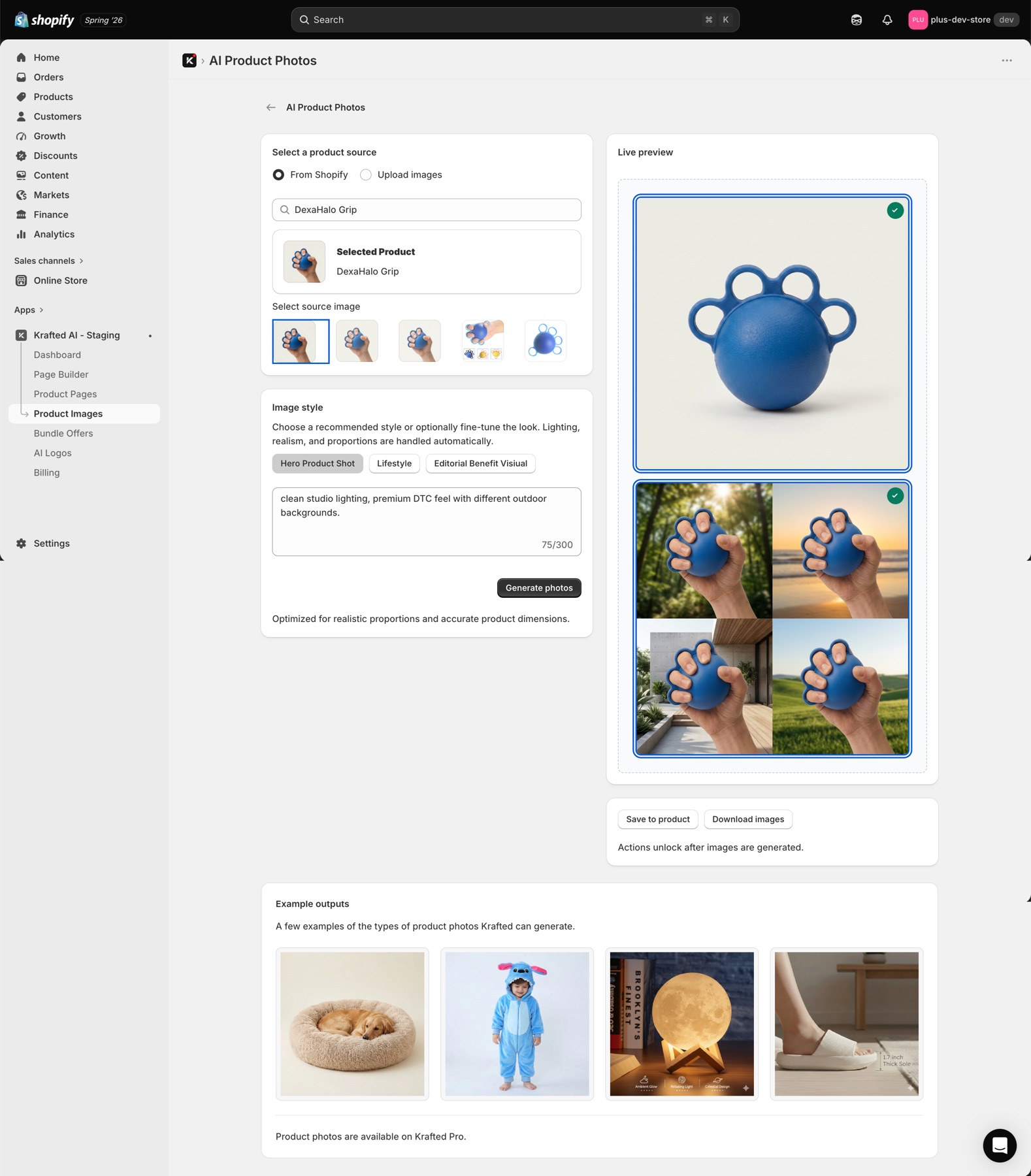 Krafted AI product photography workflow for Shopify products.