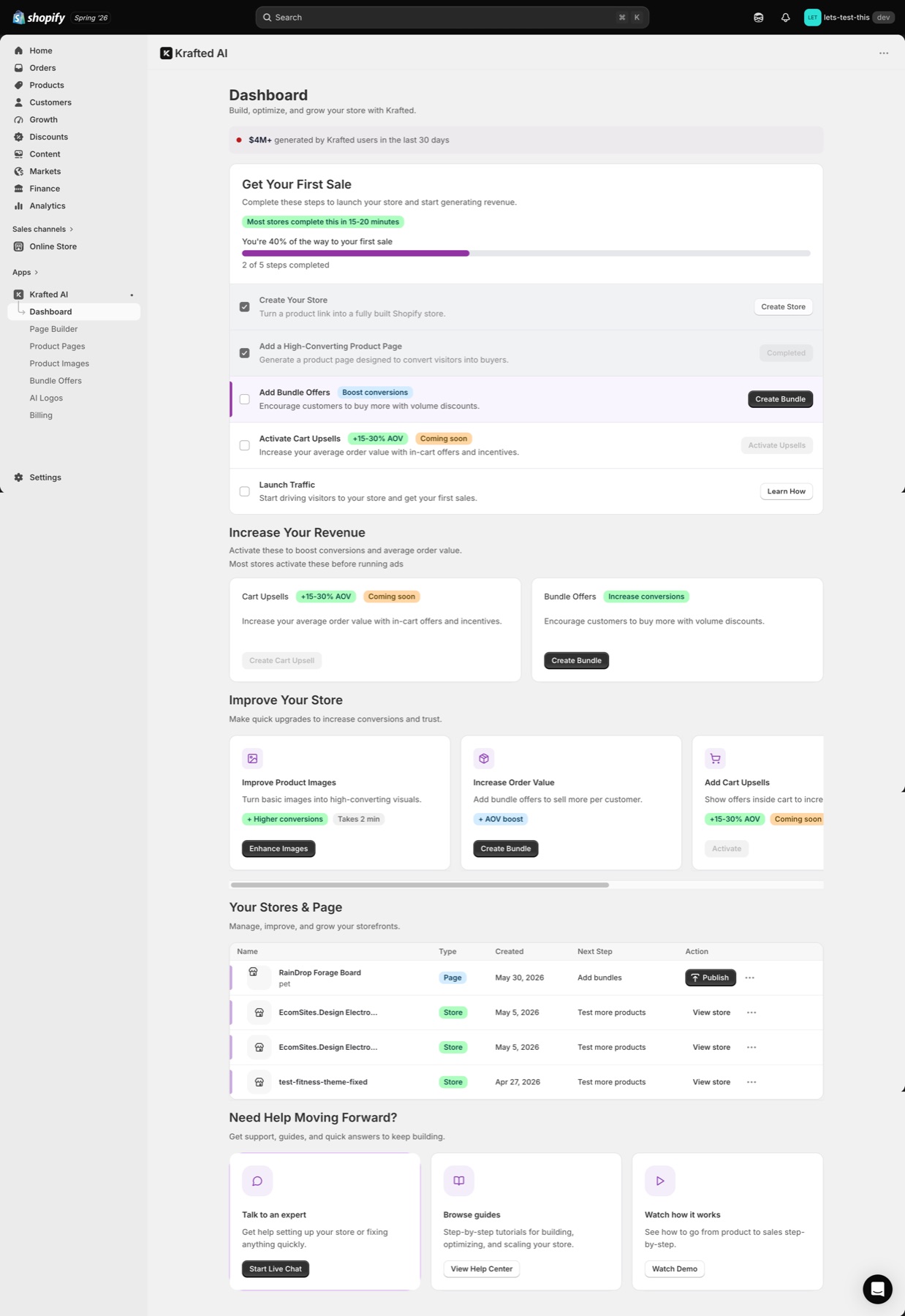 Krafted embedded Shopify application showing the product-page generation launcher.