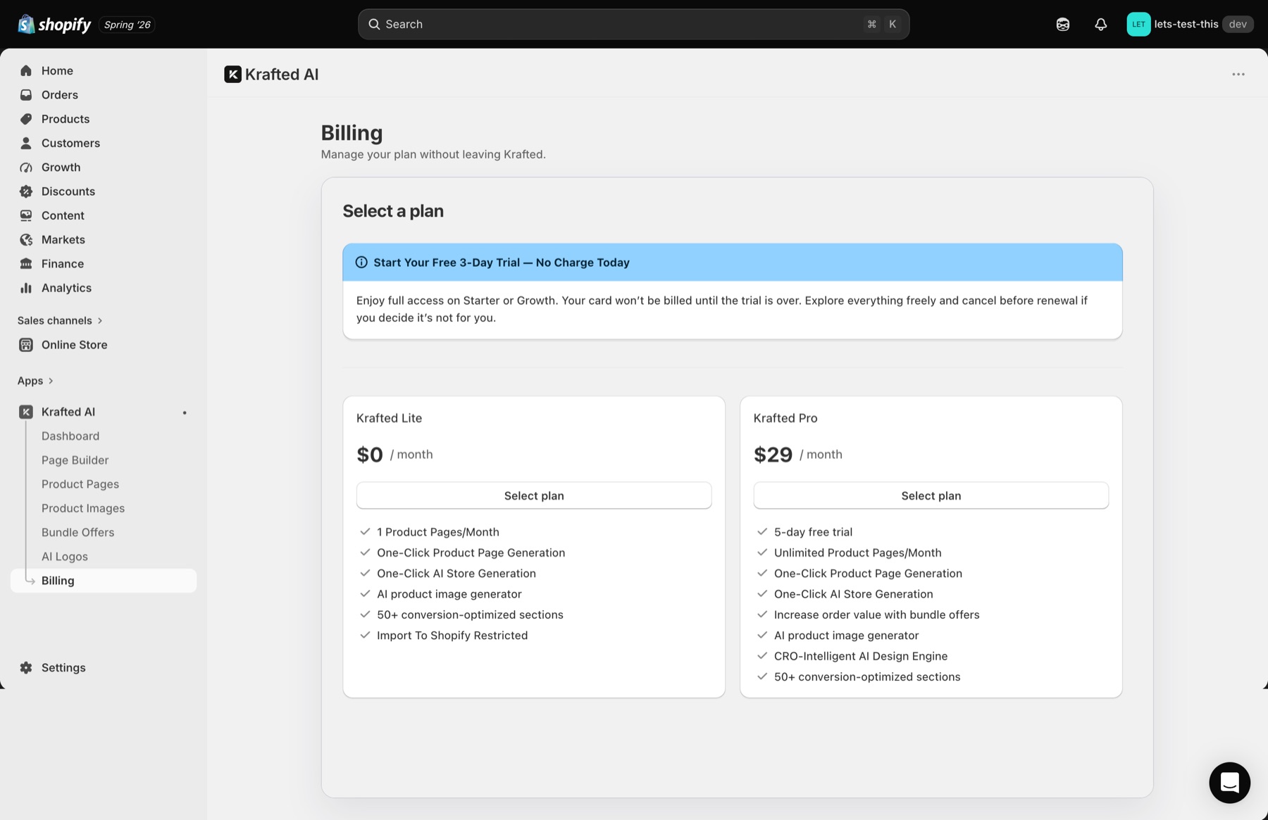 Krafted store configuration and setup screen.