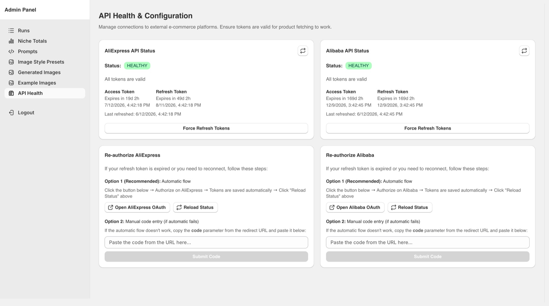 Krafted administration controls for application content and settings.