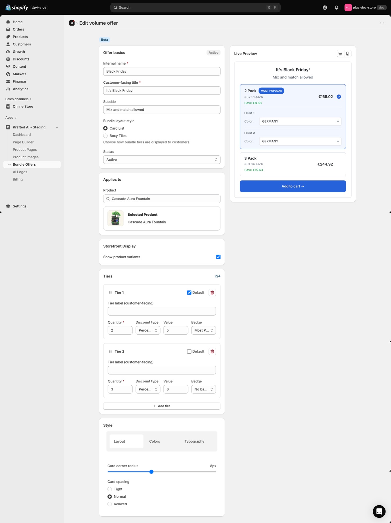 Volume-offer editor connected to the Krafted product-page workflow.