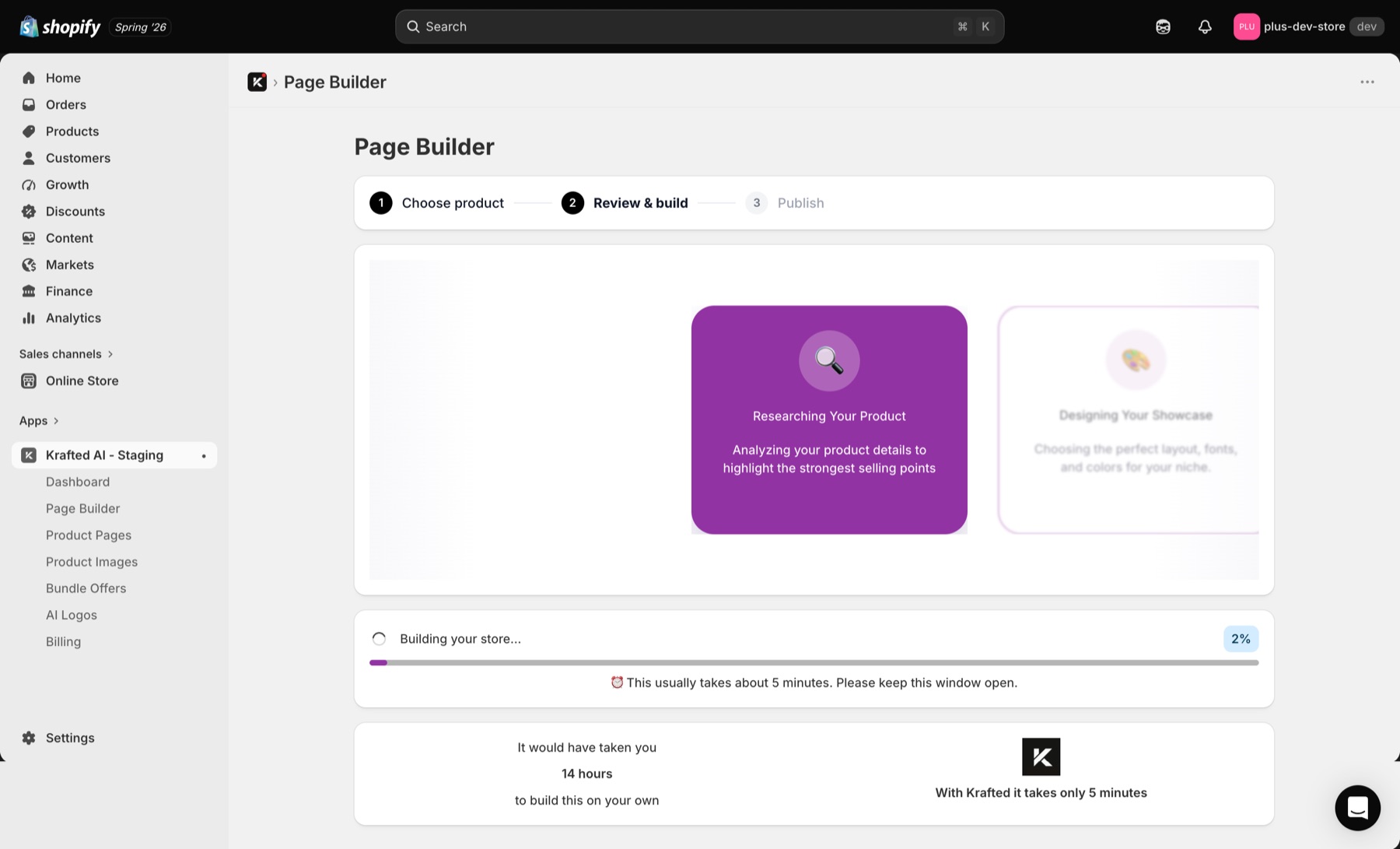 Shopify Plus page builder displaying generated Krafted content.