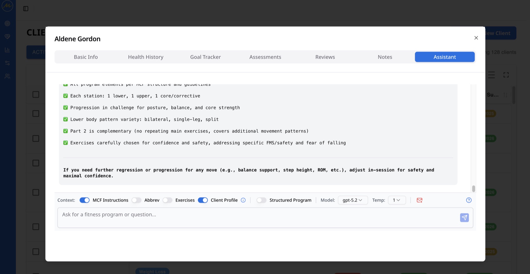 MintFit program builder for creating a client training plan.