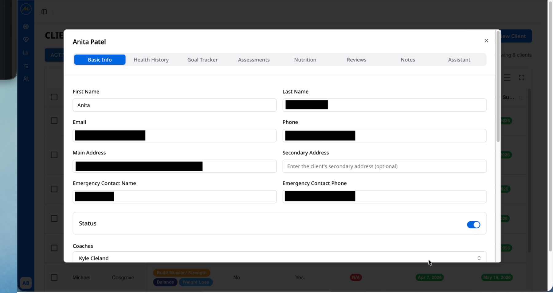 MintFit coach dashboard with client and workflow information.