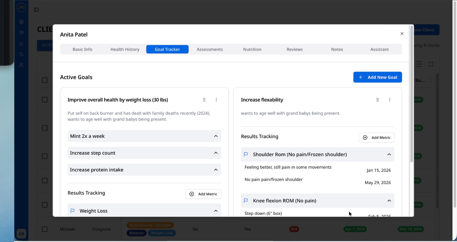 MintFit client list for browsing and opening coaching records.