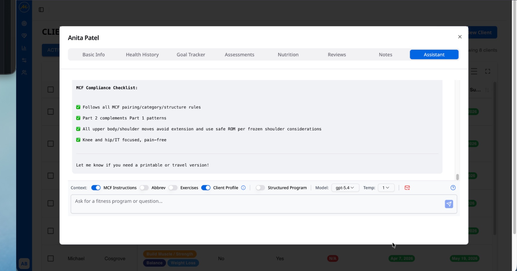 MintFit assessment workflow with client fitness measurements.
